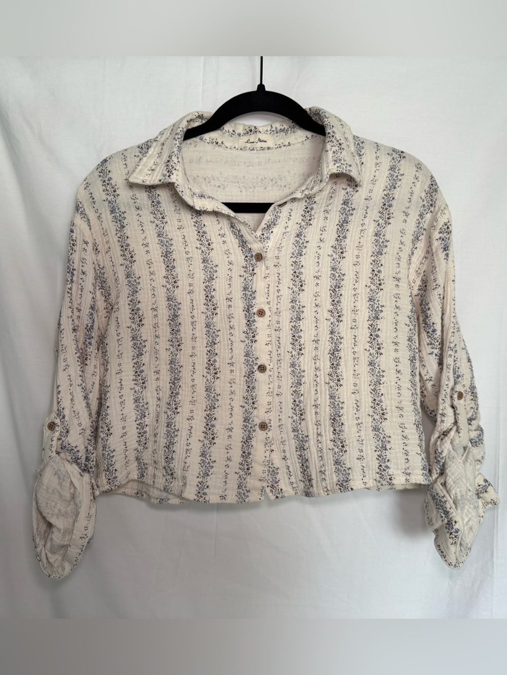 Cropped Cotton Floral Striped Button Down Gauze Shirt Size Medium Cottagecore